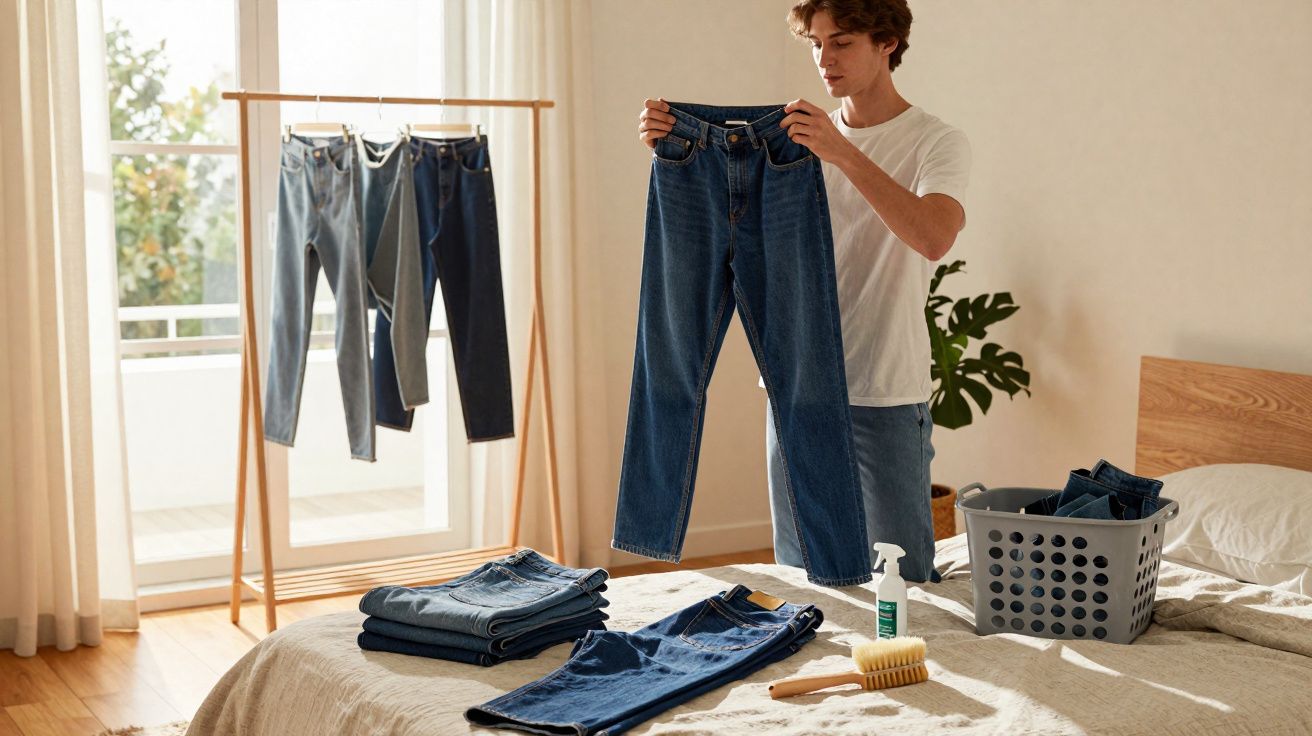 Homem organizando calças jeans limpas em quarto iluminado, com varal e cesta de roupas.