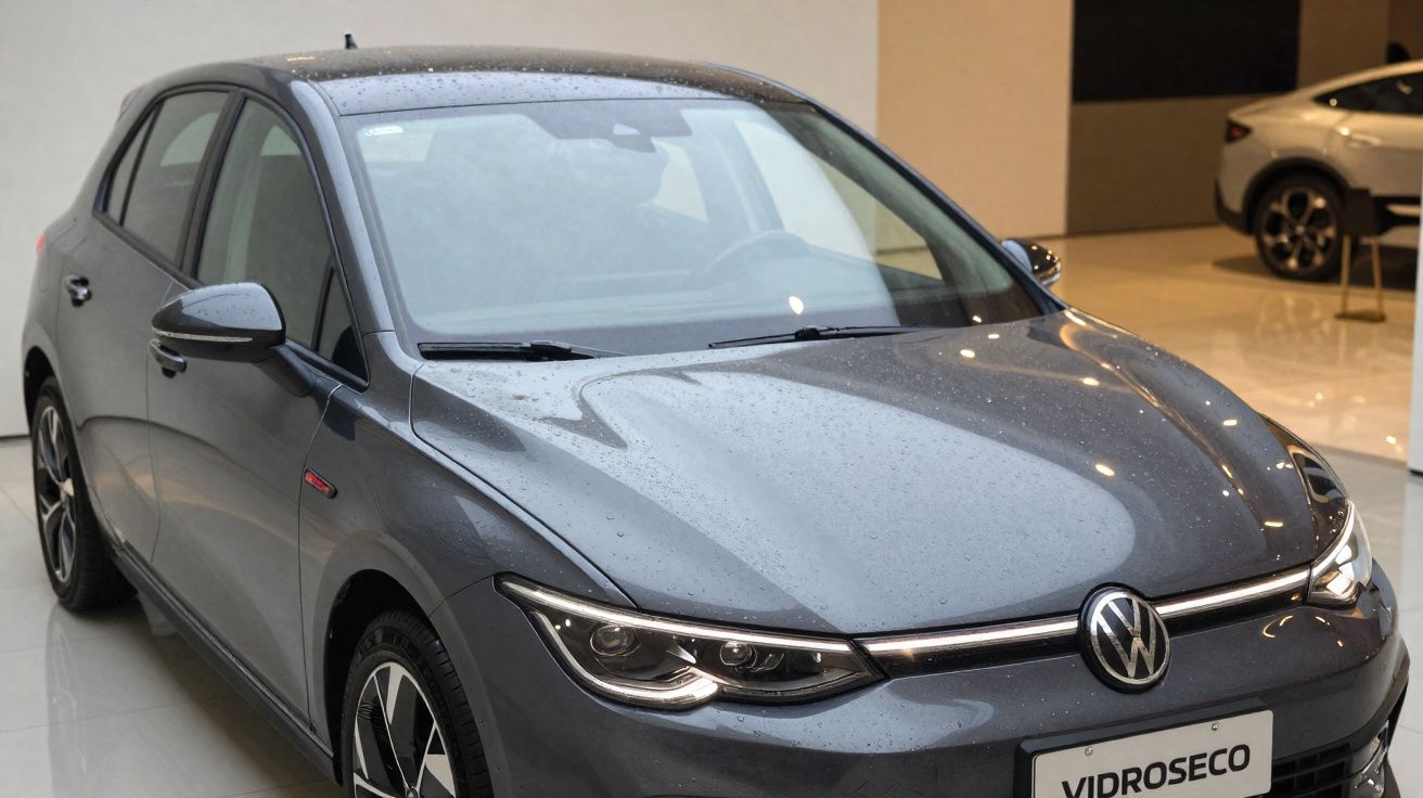 Carro cinza Volkswagen hatchback exposto em showroom, com gotas de água no capô.
