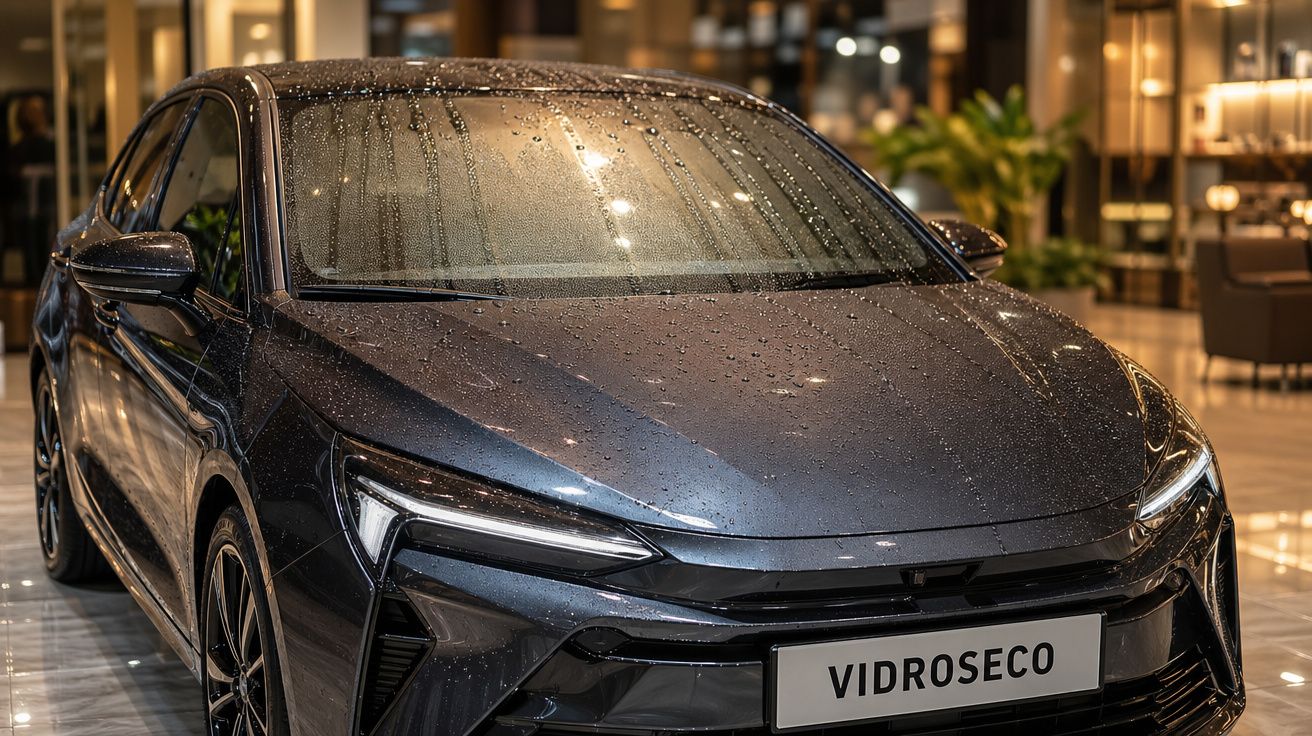 Carro preto com gotas de água no capô e para-brisa em ambiente interno iluminado.