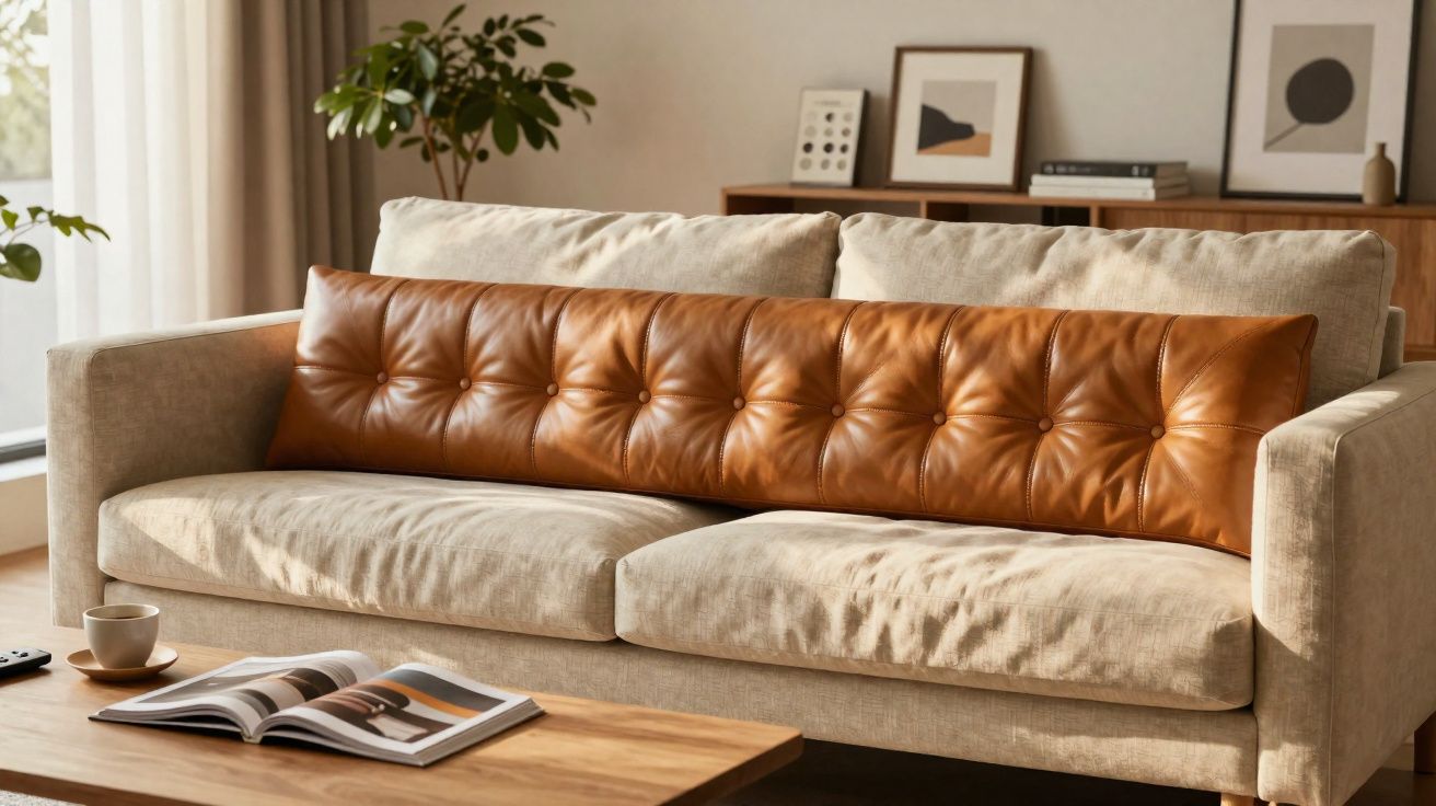 Sofá bege com almofada comprida caramelo, mesa de madeira com revista aberta e xícara em sala iluminada.