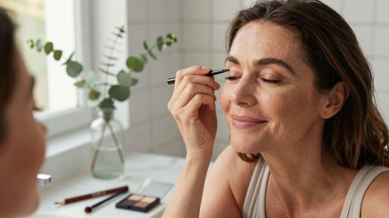 Mulher sorrindo aplicando sombra de olhos em frente ao espelho no banheiro.