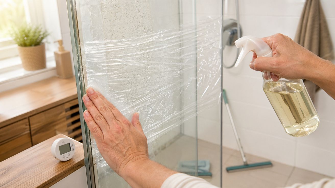 Pessoa aplicando produto de limpeza em box de vidro no banheiro, com plástico protetor transparente.