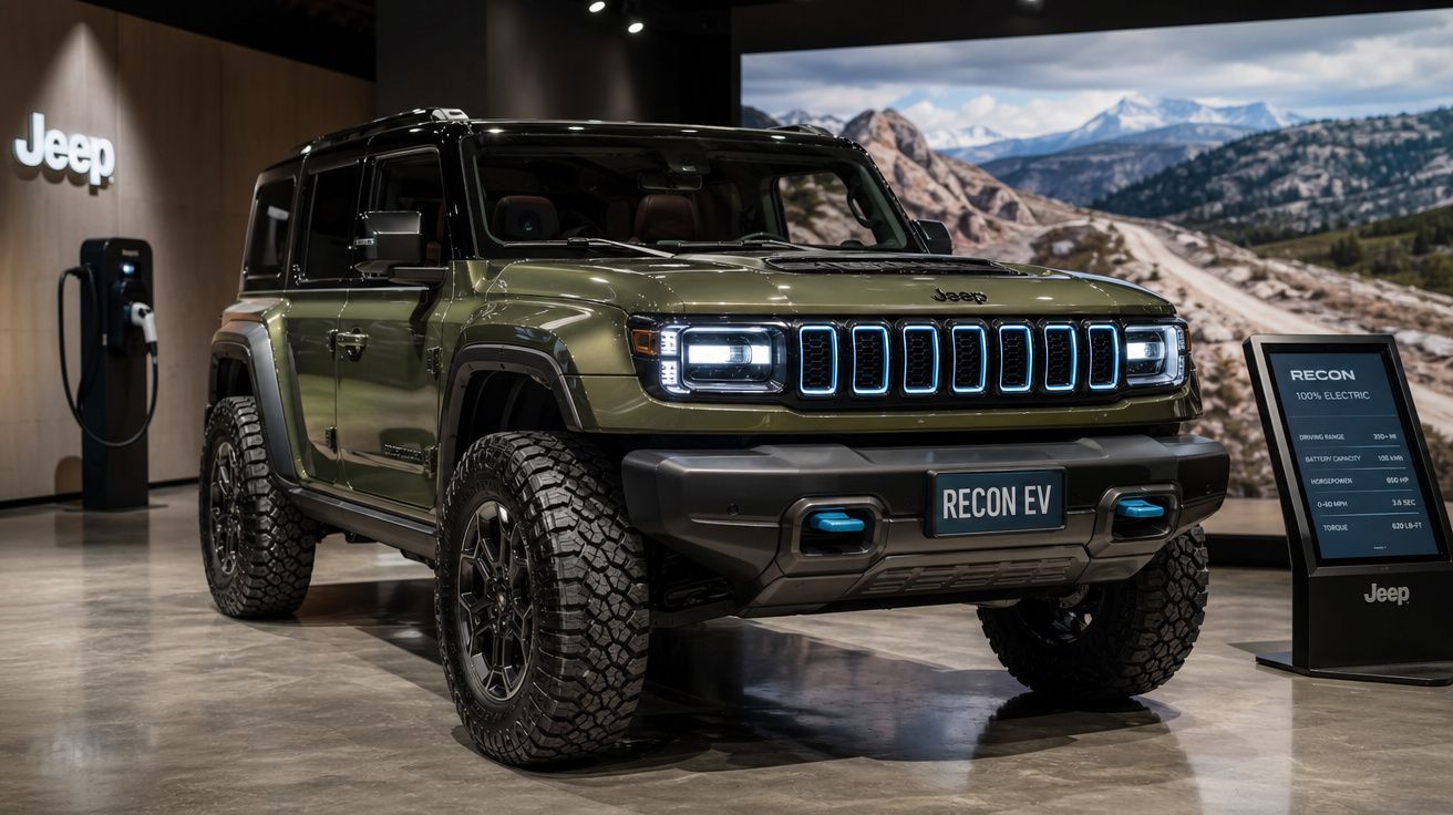 SUV Jeep Recon EV verde militar exposto em showroom com painel de especificações ao lado.