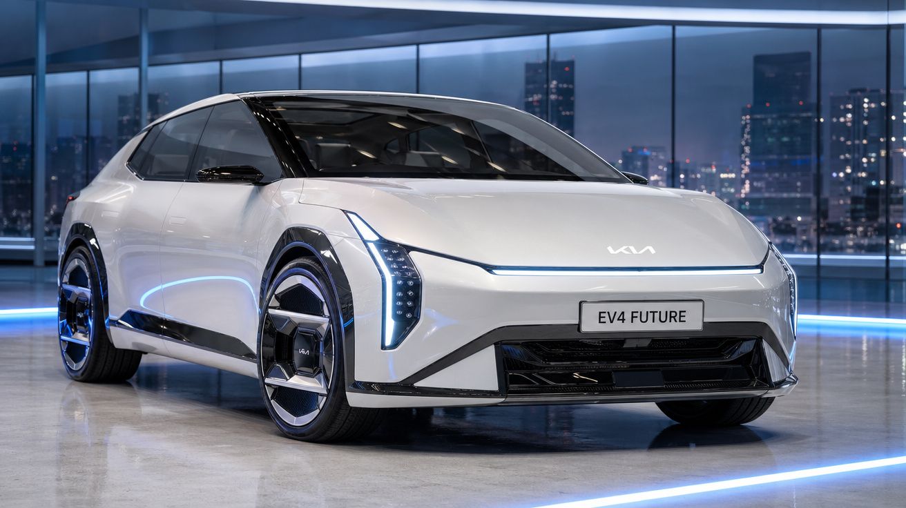 Carro elétrico conceito branco Kia EV4 Future em ambiente interno moderno com iluminação azul.
