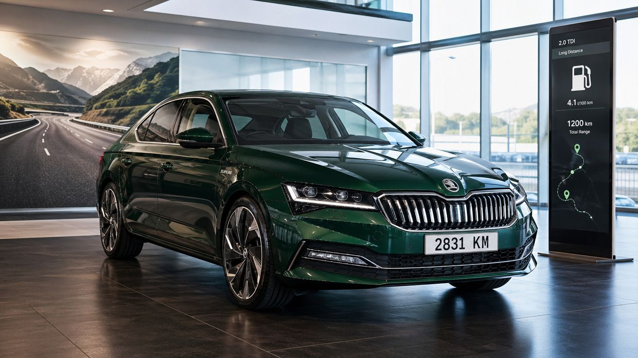 Carro sedan verde escuro em showroom moderno com painel digital ao lado exibindo dados de combustível e alcance.
