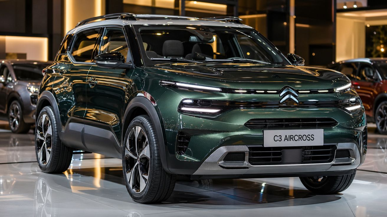 SUV Citroën C3 Aircross verde escuro em exposição interna com iluminação amarela.