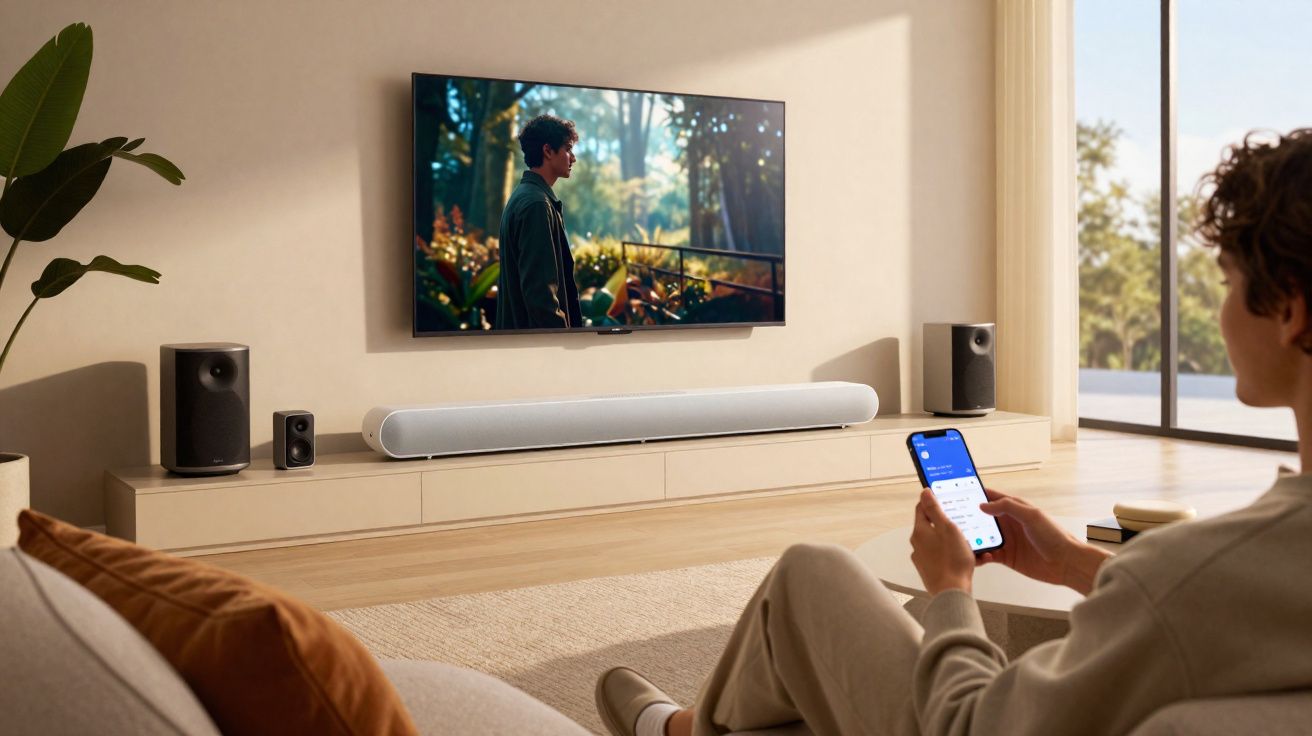 Pessoa sentada em sofá controlando som da TV com celular em sala clara e moderna.