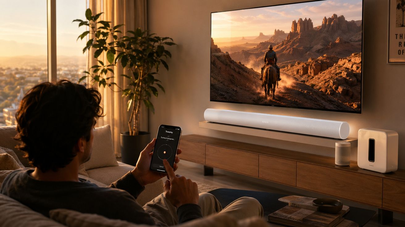 Homem sentado no sofá controlando TV com smartphone em sala moderna iluminada pelo pôr do sol.