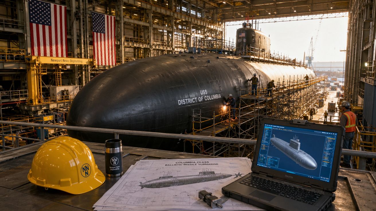 Submarino USS District of Columbia em doca, com blueprint e laptop mostrando projeto, capacete e trabalhadores ao redor.