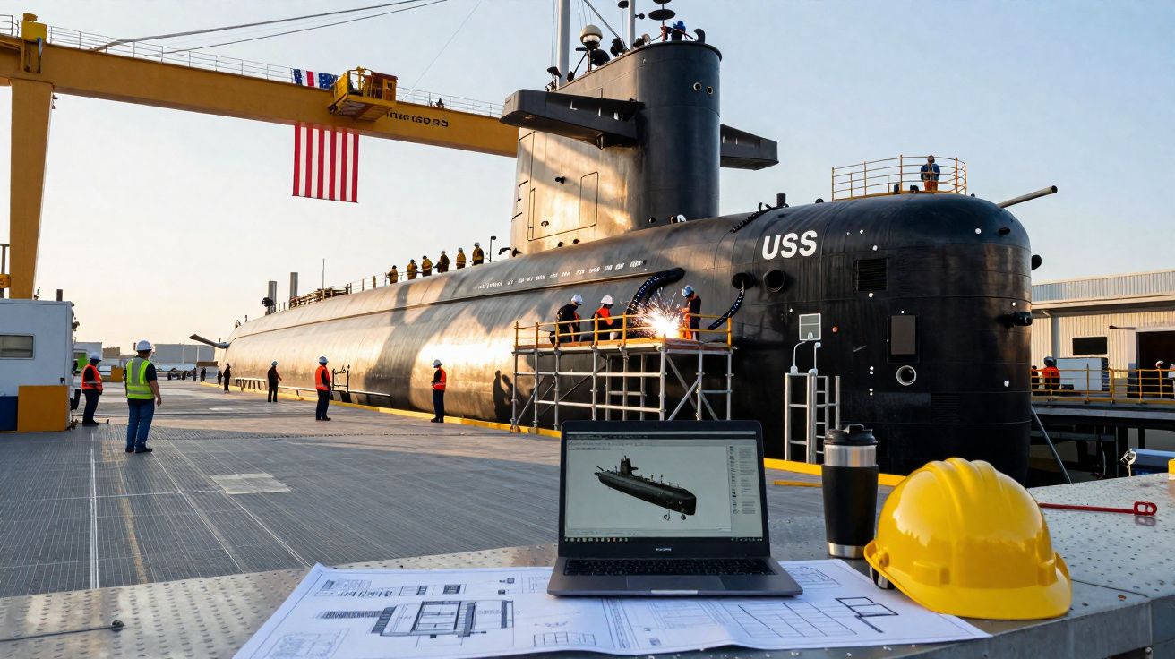 Submarino USS em doca seca com engenheiros trabalhando e mesa com capacete, laptop e plantas técnicas.