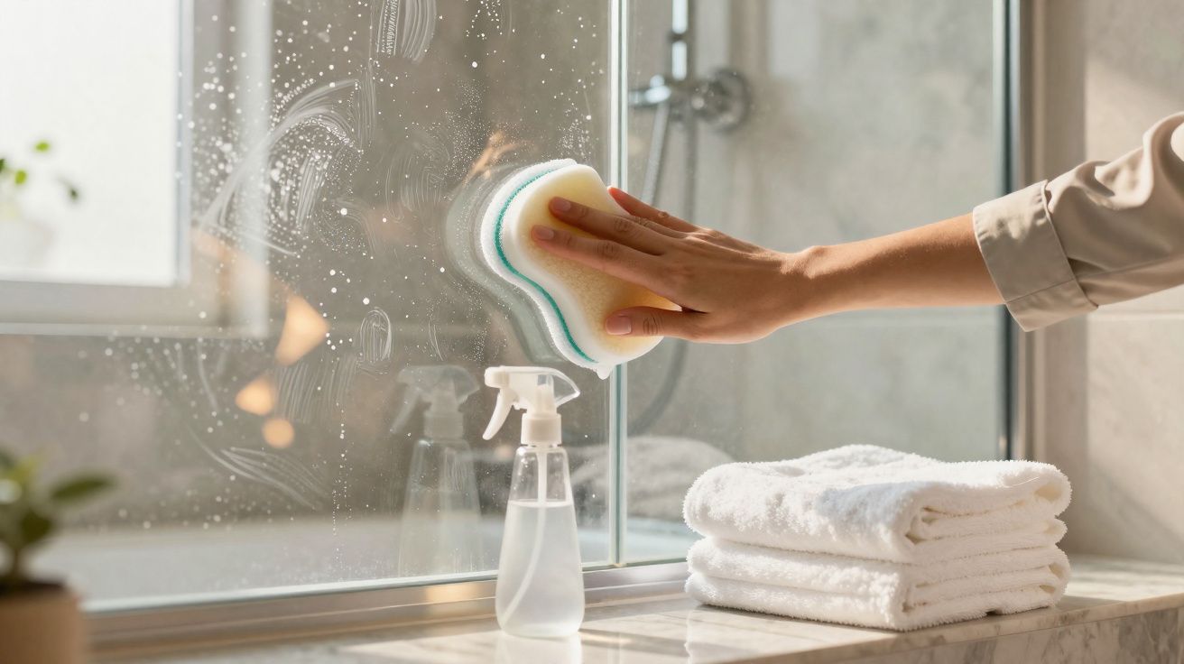 Mão esfregando vidro com esponja úmida, spray de água e toalhas brancas sobre balcão.