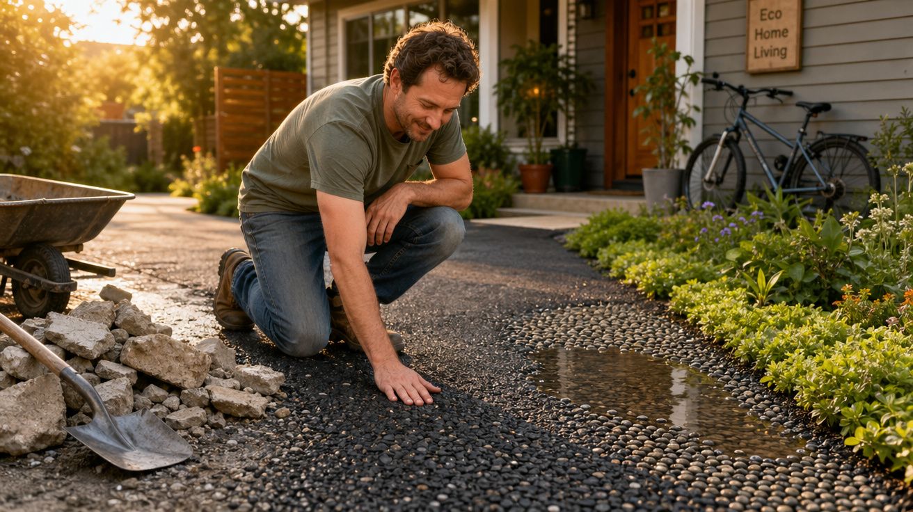 Homem de joelhos verifica textura de caminho de pedras ao lado de jardim e casa ao entardecer.