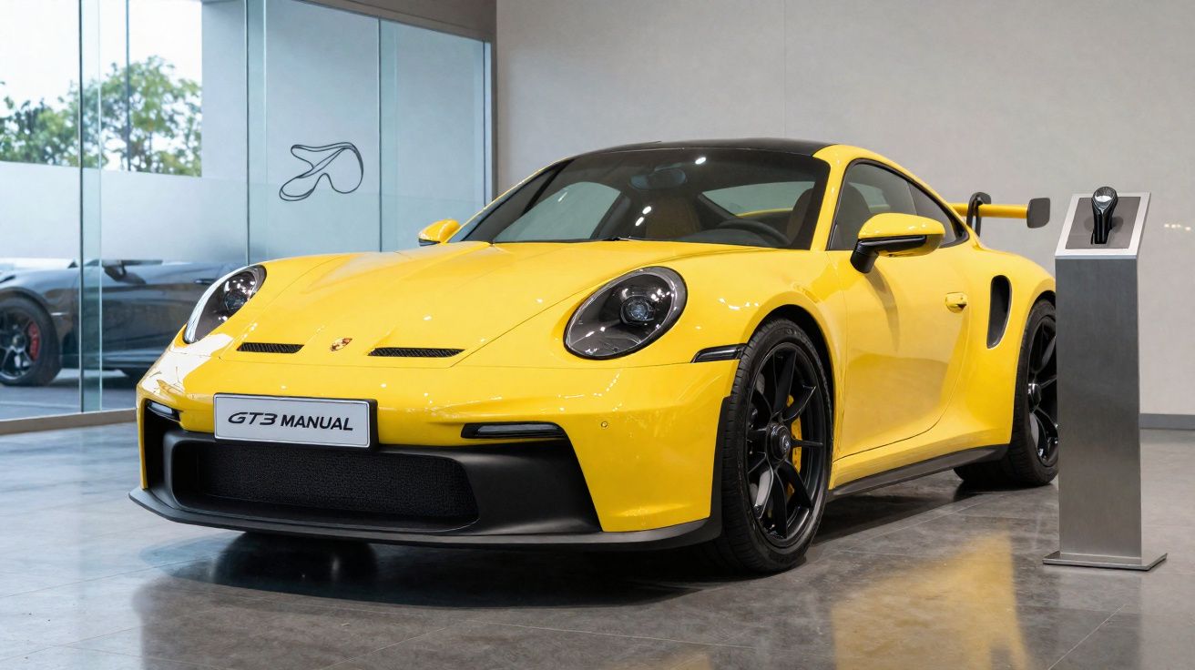 Carro esportivo amarelo Porsche GT3 Manual exposto em showroom moderno, com paredes de vidro e piso cinza.