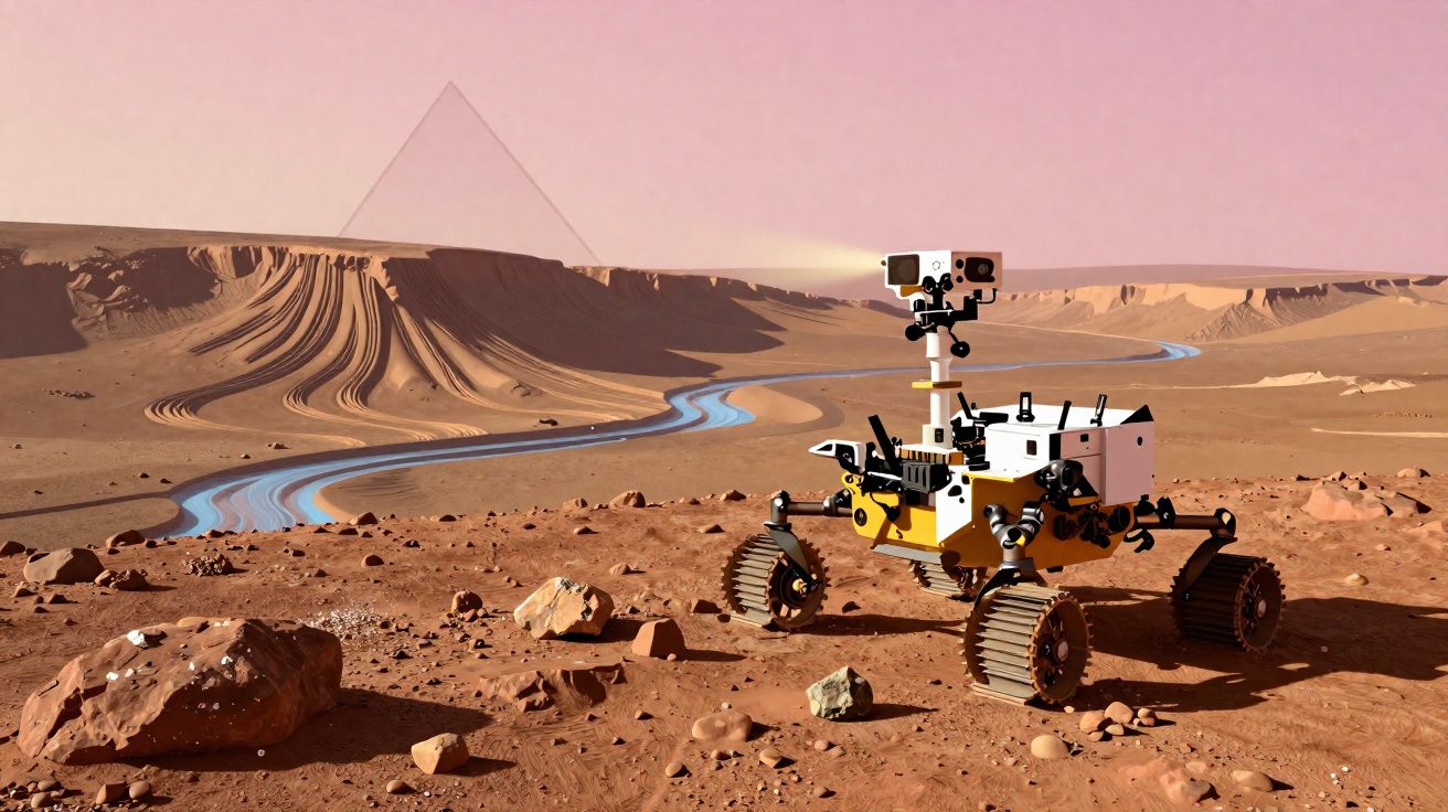 Rover explorando terreno marciano com rio azul serpenteando e colina ao fundo sob céu rosa.