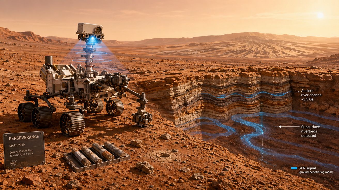 Rover Perseverance explorando o solo de Marte com radar revelando antigos rios subterrâneos.