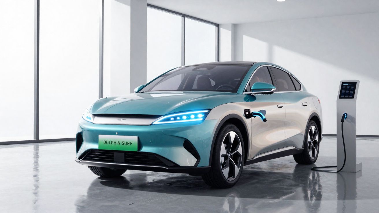 Carro elétrico azul Dolphin Surf carregando em estação interna com piso refletivo e paredes brancas.