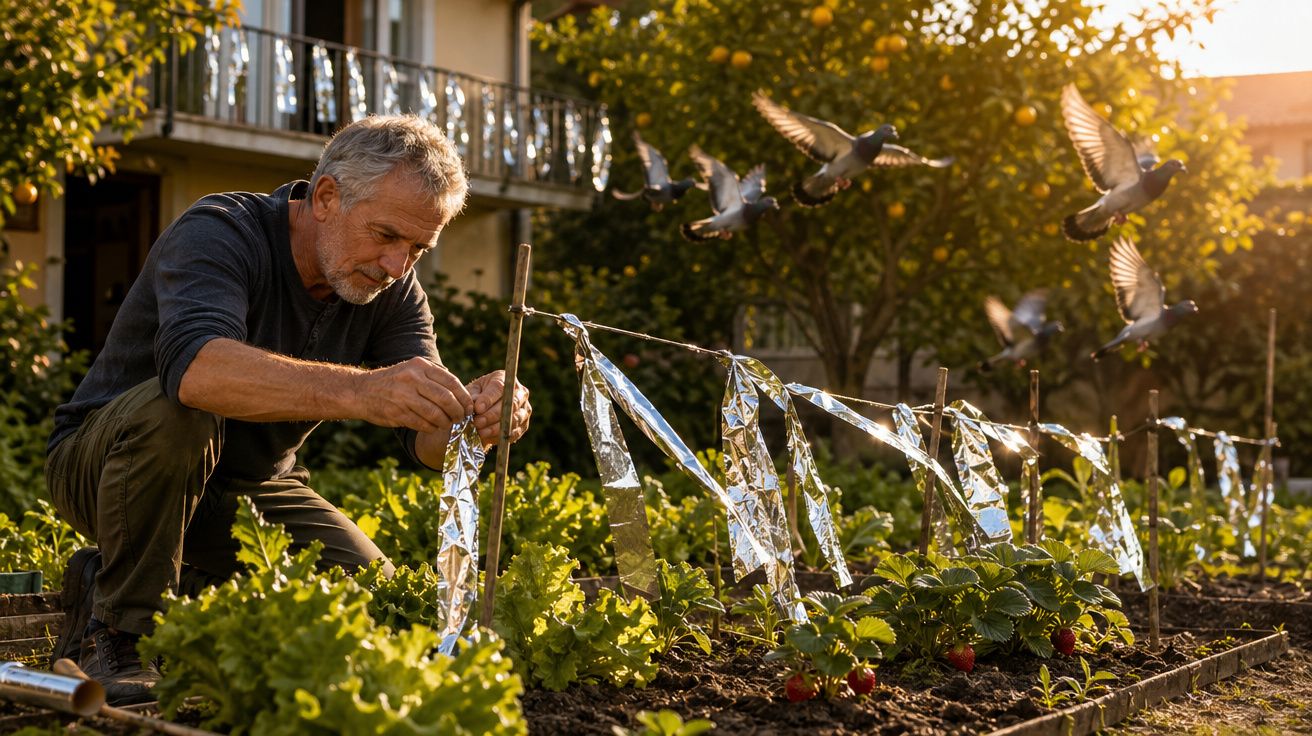 Homem idoso cuida de hortaliças e coloca tiras refletoras para espantar pássaros no jardim ao pôr do sol.
