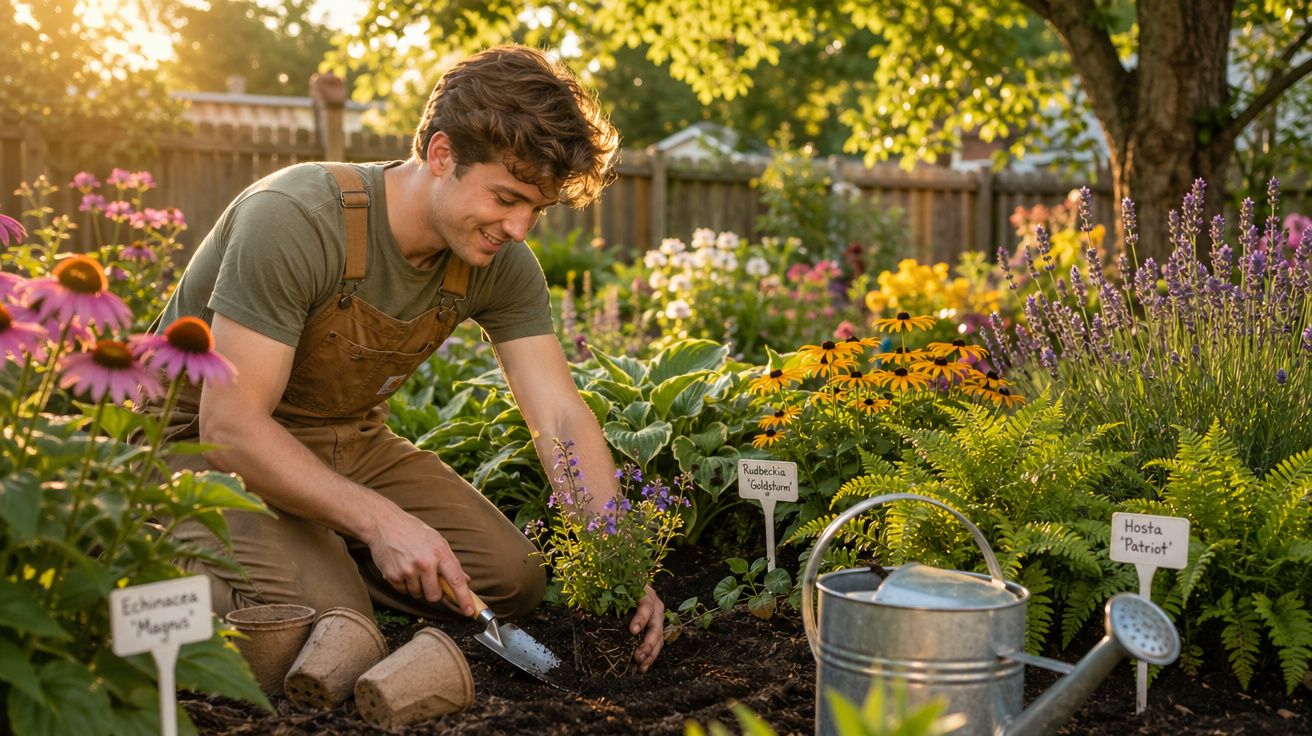 Jovem jardineiro plantando flores em jardim colorido ao entardecer com regador e vasos ao redor.