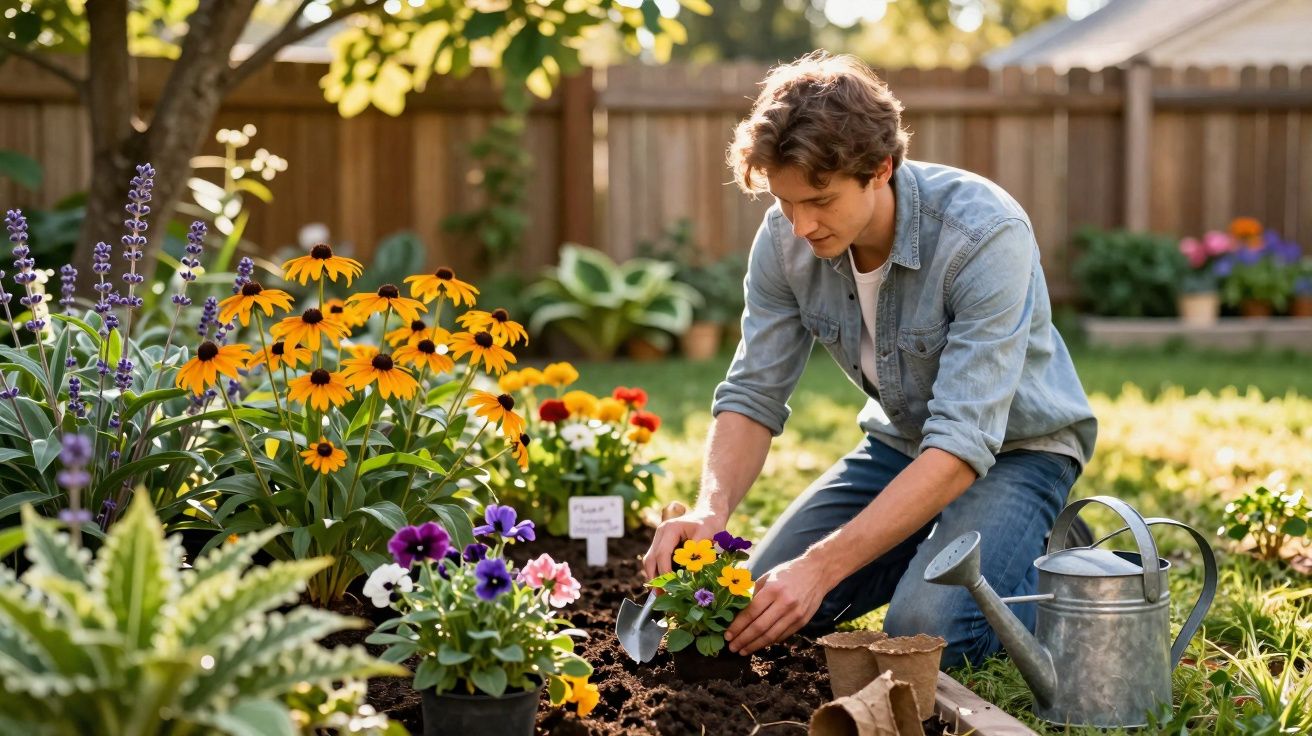 Jovem plantando flores coloridas em jardim ensolarado com regador e ferramentas ao lado.