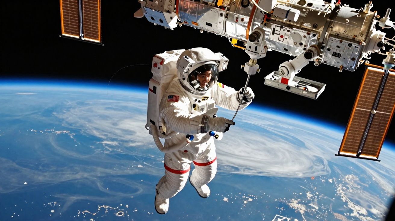 Astronauta em traje espacial realizando manutenção na Estação Espacial Internacional com a Terra ao fundo.