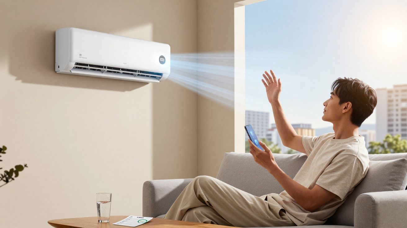 Homem sentado no sofá controlando ar-condicionado com celular em sala iluminada pela luz natural.