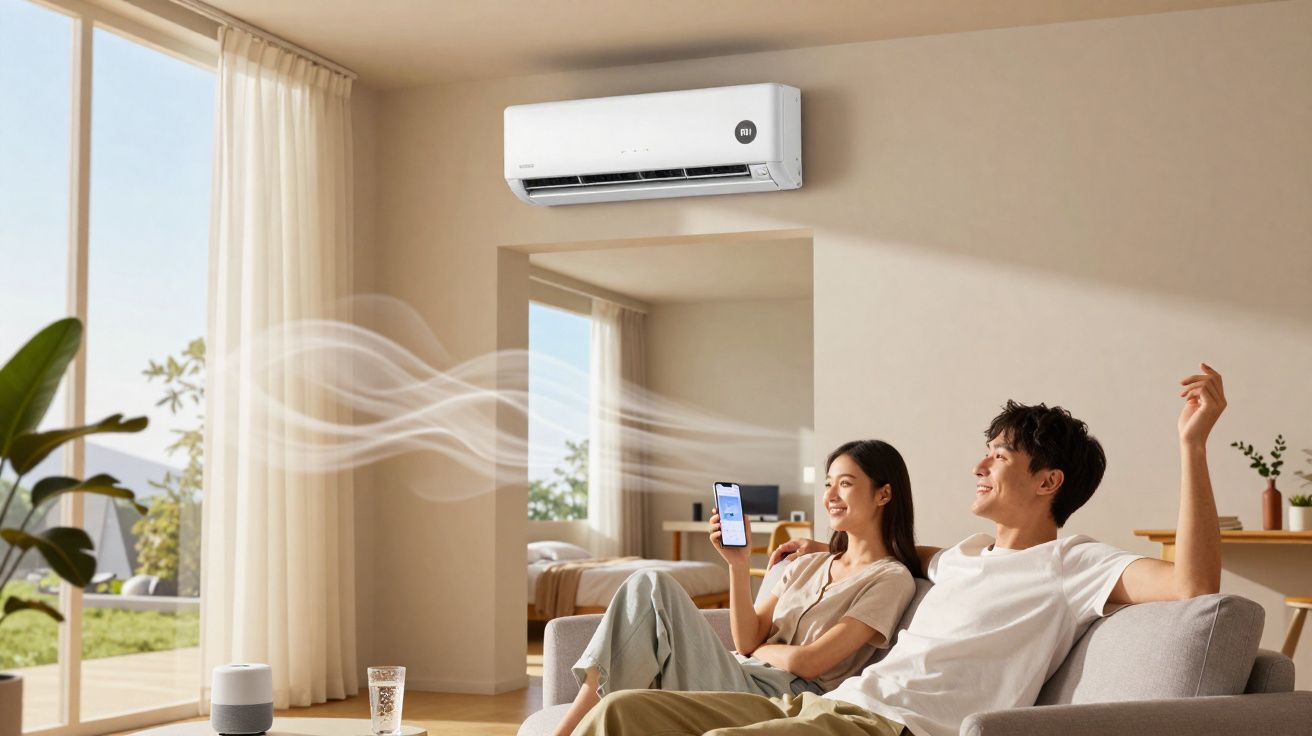 Casal relaxando em sofá, ar-condicionado ligado e controle remoto na mão em sala clara e arejada.