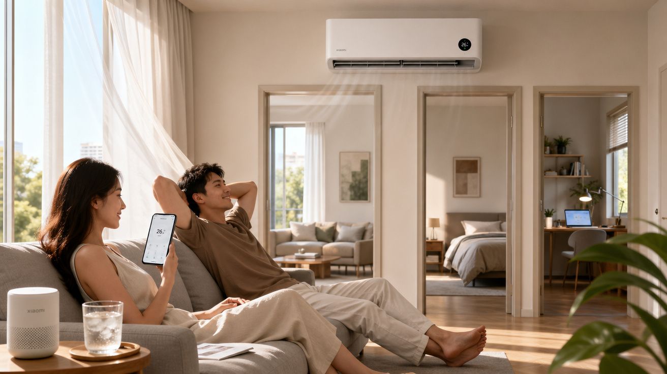 Casal relaxando na sala com ar-condicionado ligado e controle da temperatura no celular.