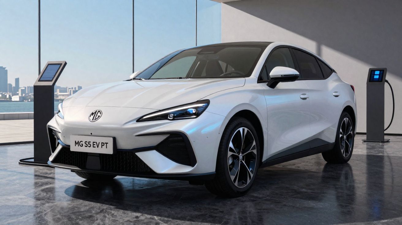 Carro elétrico branco MG S5 EV PT estacionado em ambiente interno moderno com carregadores elétricos.