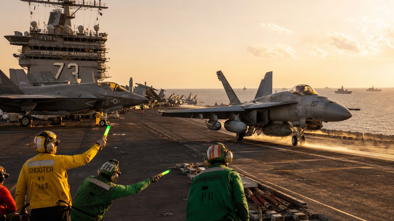 Porta-aviões USS George Washington com aeronaves de combate e tripulantes guiando o pouso ao pôr do sol.