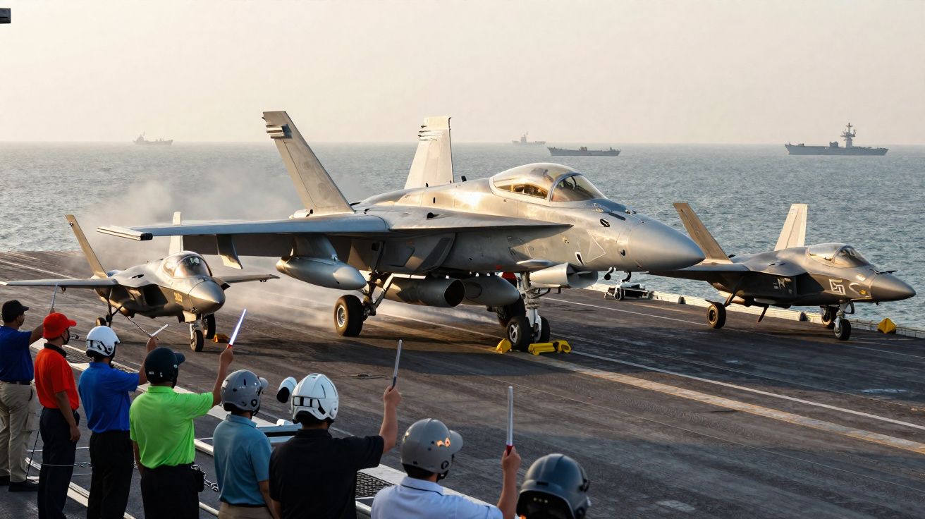 Caças militares pousando em porta-aviões com tripulação coordenando operações no convés durante o dia.
