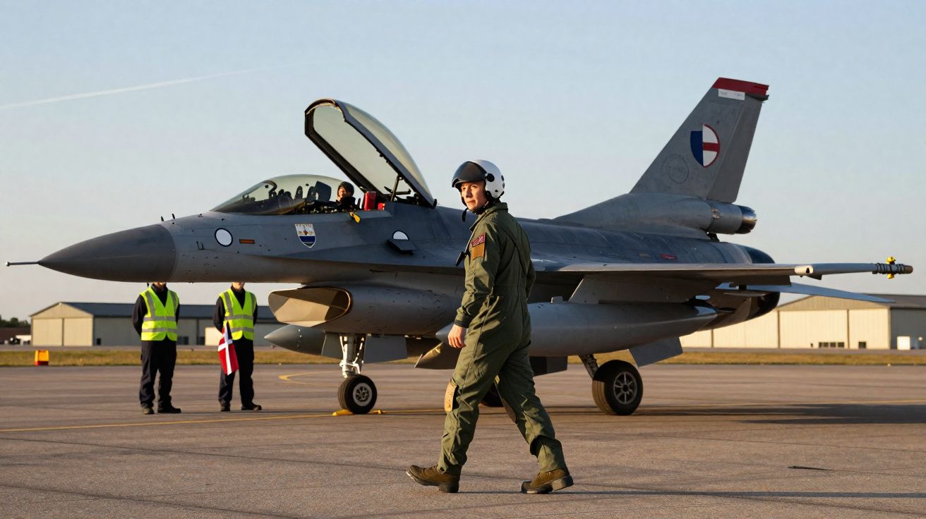 Piloto de caça caminhando na pista próximo a caça estacionado com cabine aberta em aeroporto.