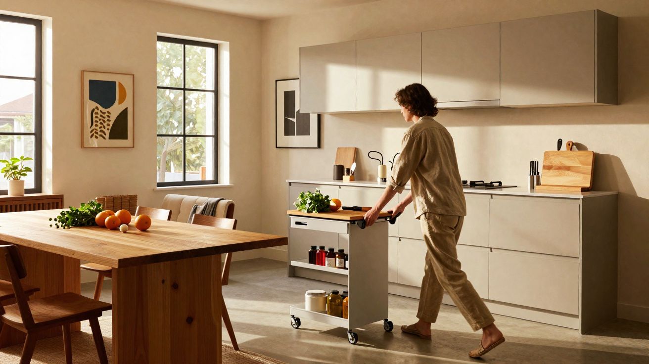 Pessoa empurrando carrinho de cozinha móvel em ambiente moderno com mesa de madeira e frutas.