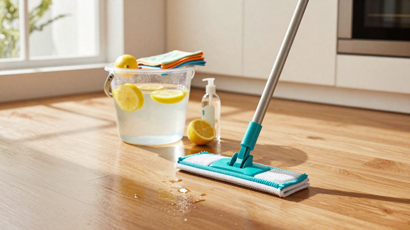 Mop azul limpando chão de madeira com balde de água com fatias de limão e frasco de álcool em gel.