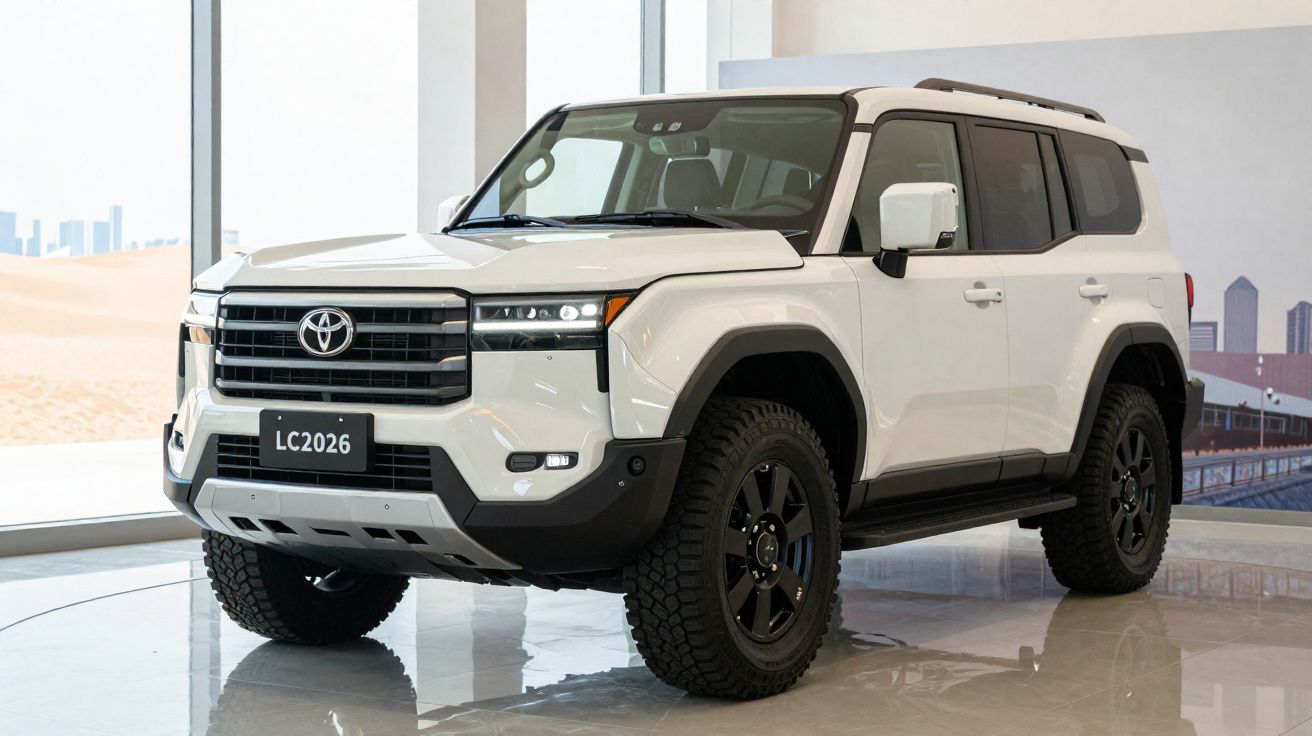 SUV branco Toyota Land Cruiser 2026 estacionado em ambiente interno com janelas grandes ao fundo.