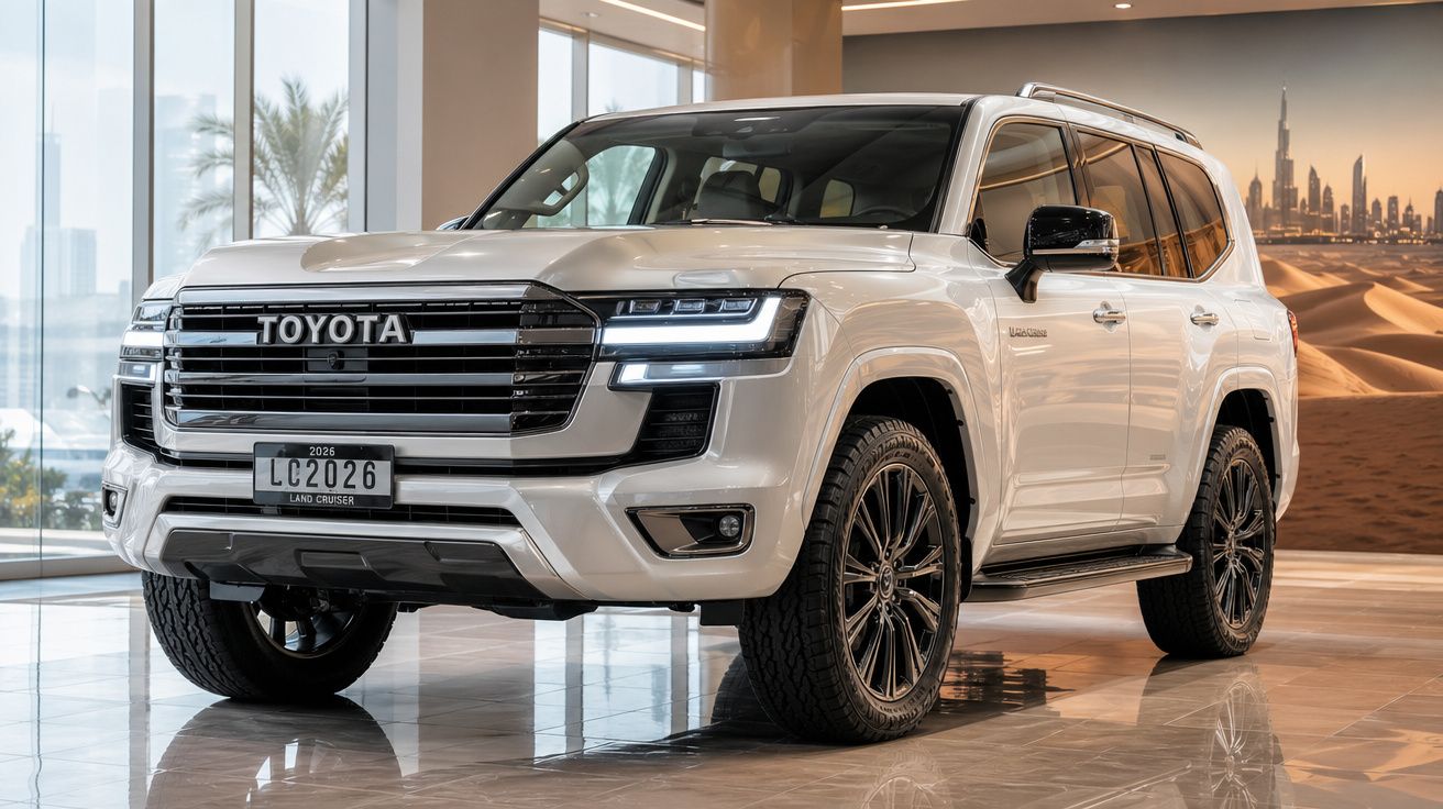 SUV branco da Toyota Land Cruiser 2026 em exibição em ambiente interno com piso brilhante e janela ao fundo.