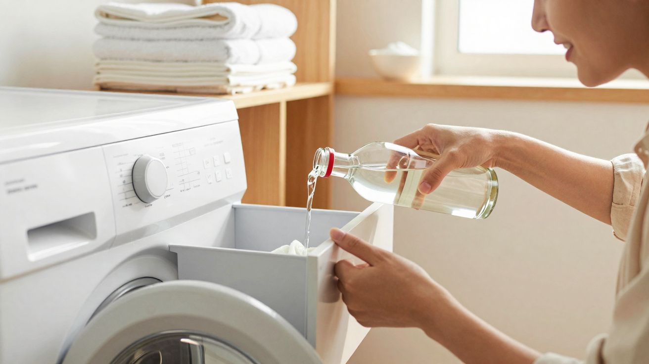 Pessoa despejando líquido em compartimento de máquina de lavar roupas branca, ao lado de toalhas empilhadas.
