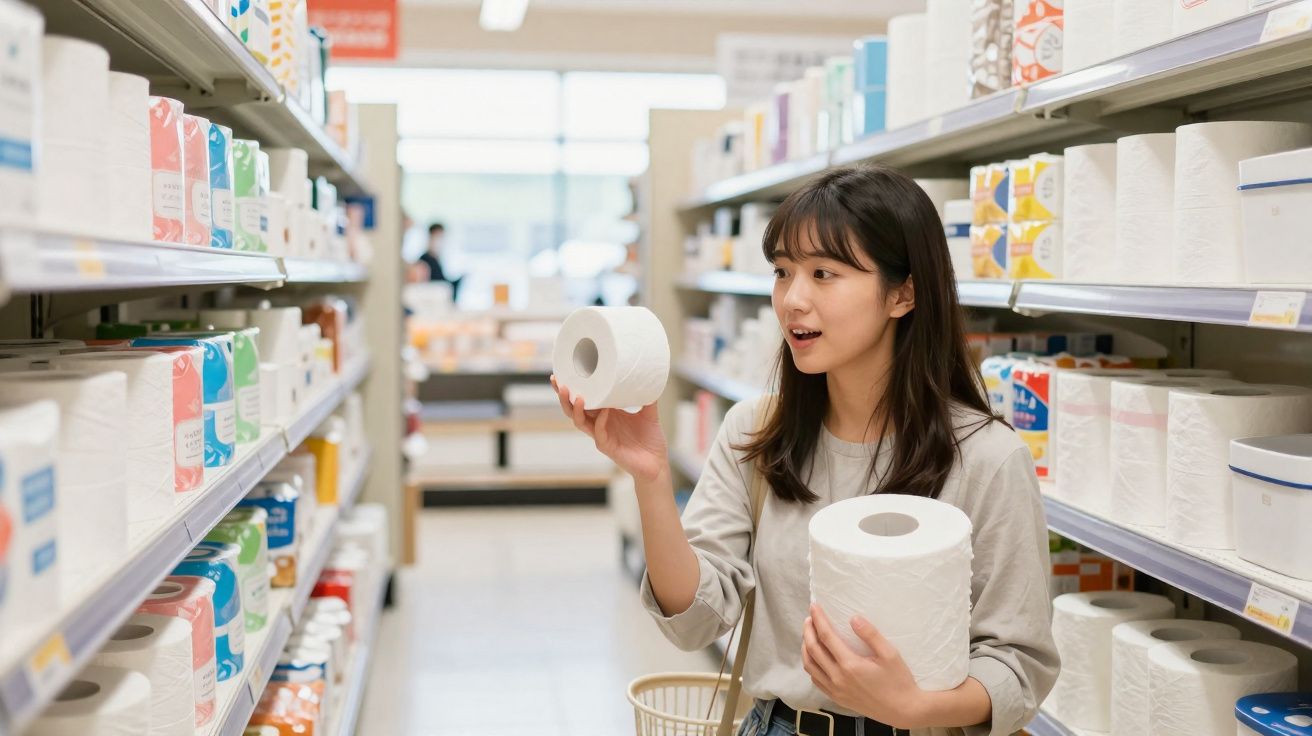 Mulher segurando dois rolos de papel higiênico no corredor de supermercado, escolhendo um produto.