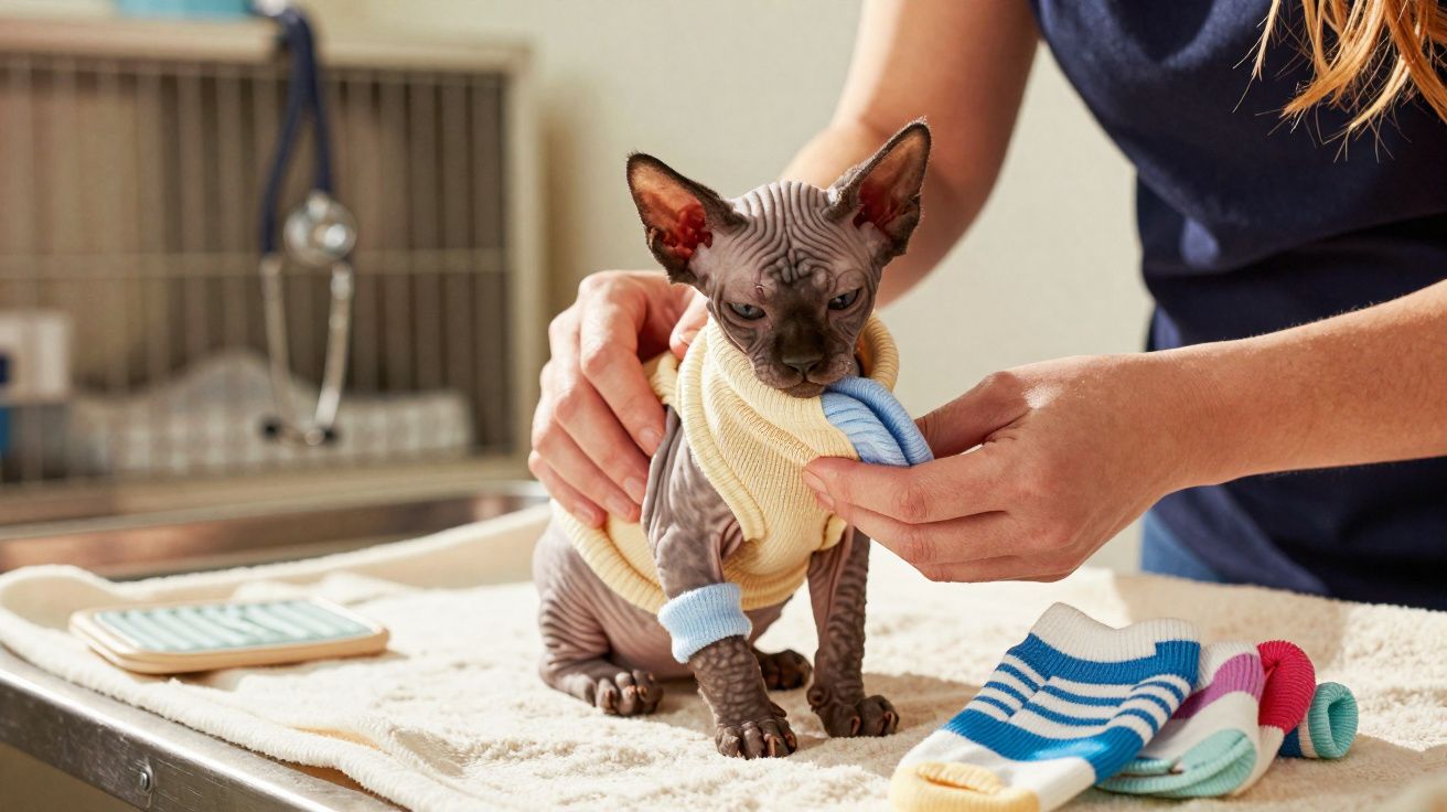 Gato sphynx sem pelos vestido por pessoa em consulta veterinária em mesa com meias coloridas.