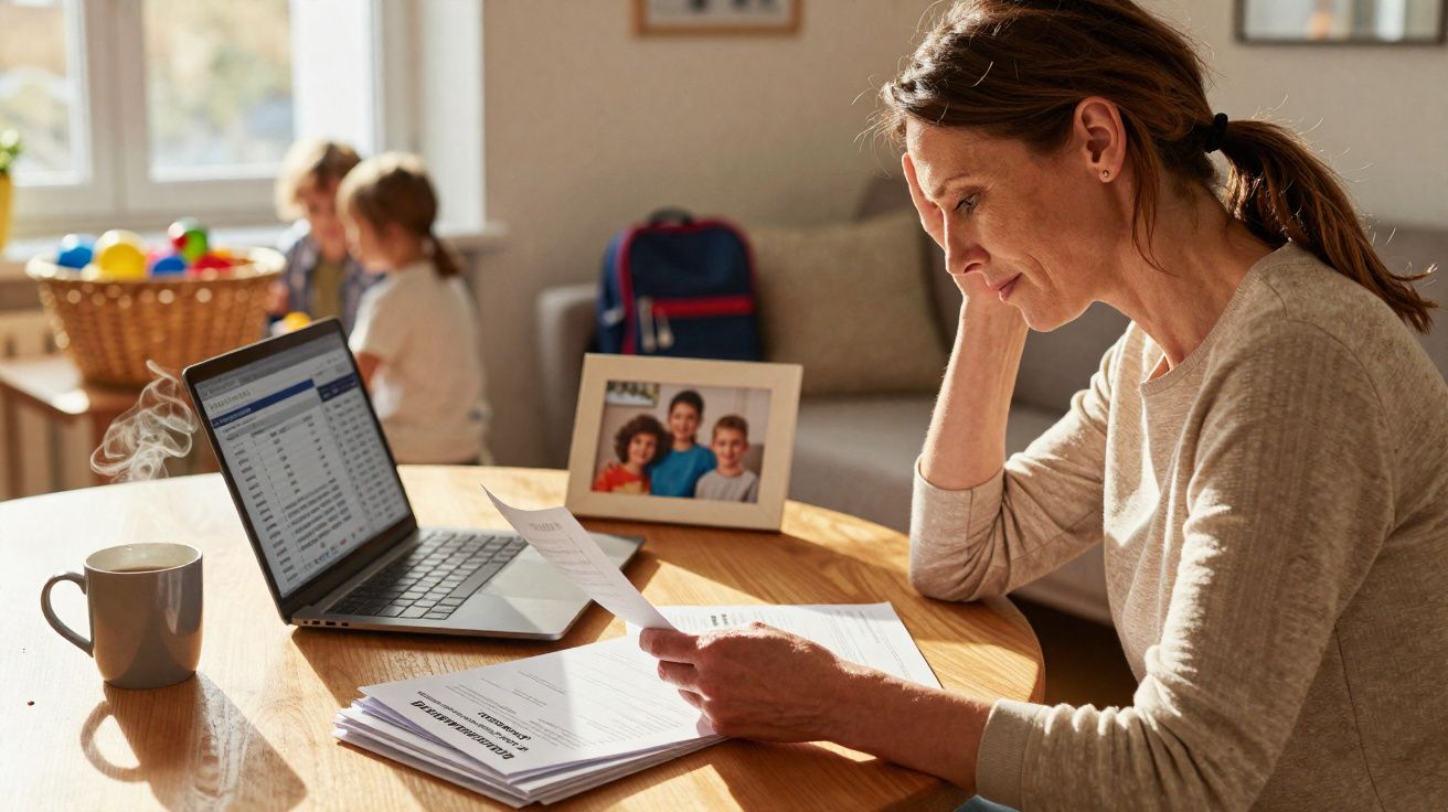 Mulher preocupada revisa contas em mesa com laptop e xícara, crianças brincam ao fundo em casa iluminada.