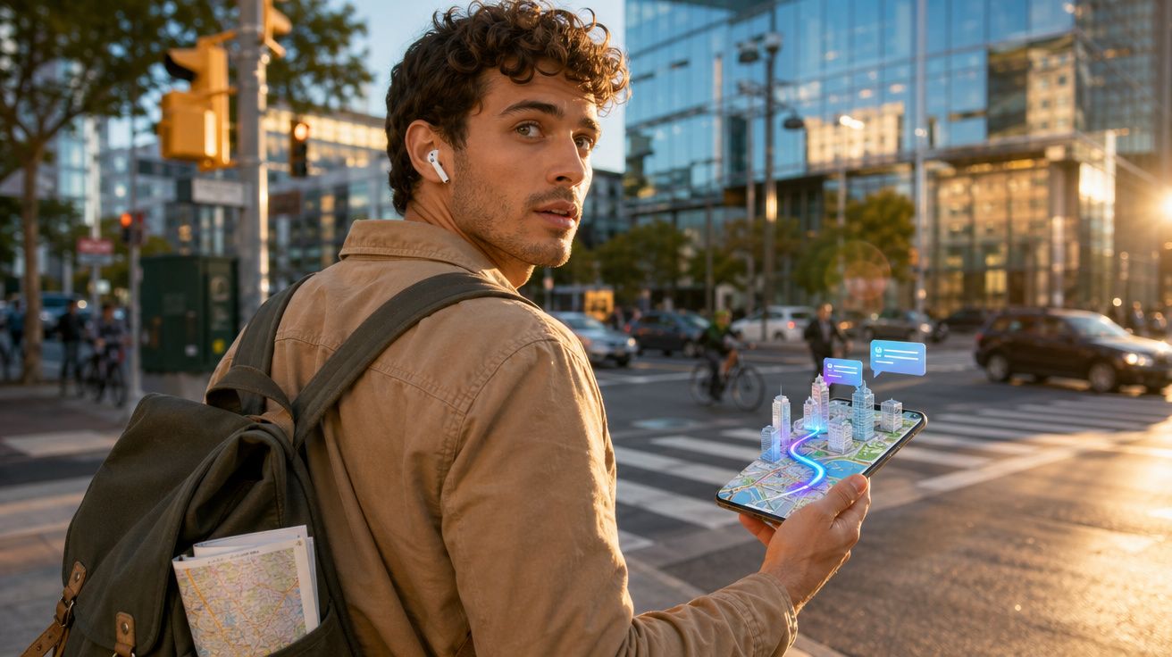 Homem com mochila usando fones e olhando para trás enquanto visualiza mapa digital em smartphone na cidade.