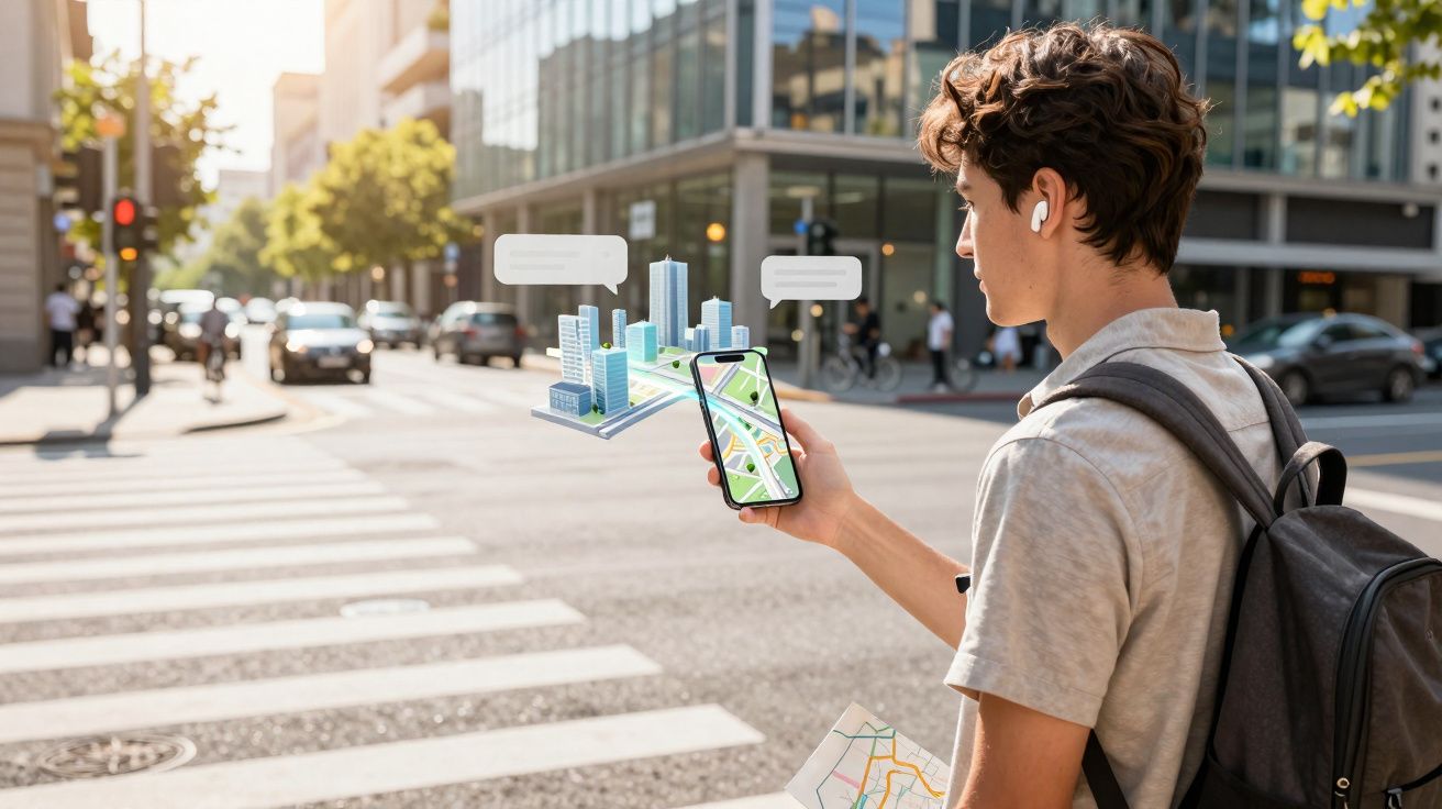 Jovem com mochila usa aplicativo de mapa em smartphone na rua movimentada de cidade moderna.
