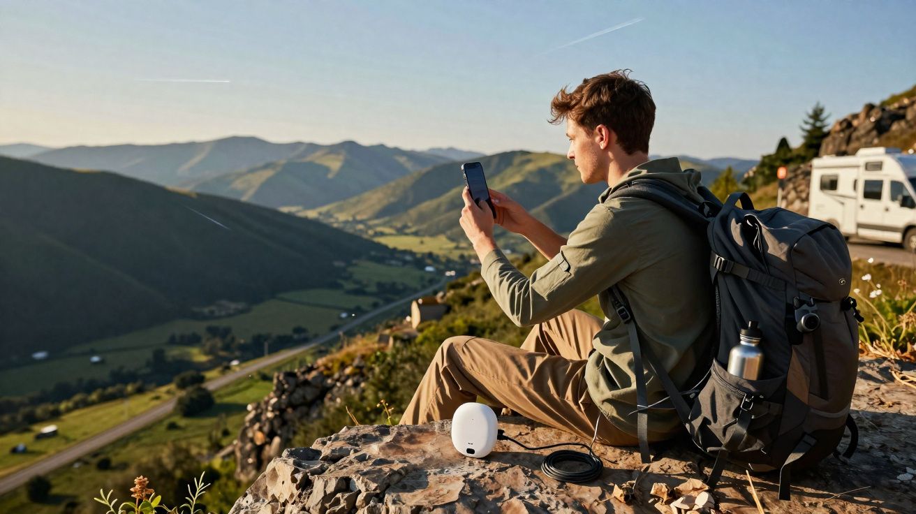 Jovem sentado em pedra na montanha usando celular com mochila e equipamentos ao redor.