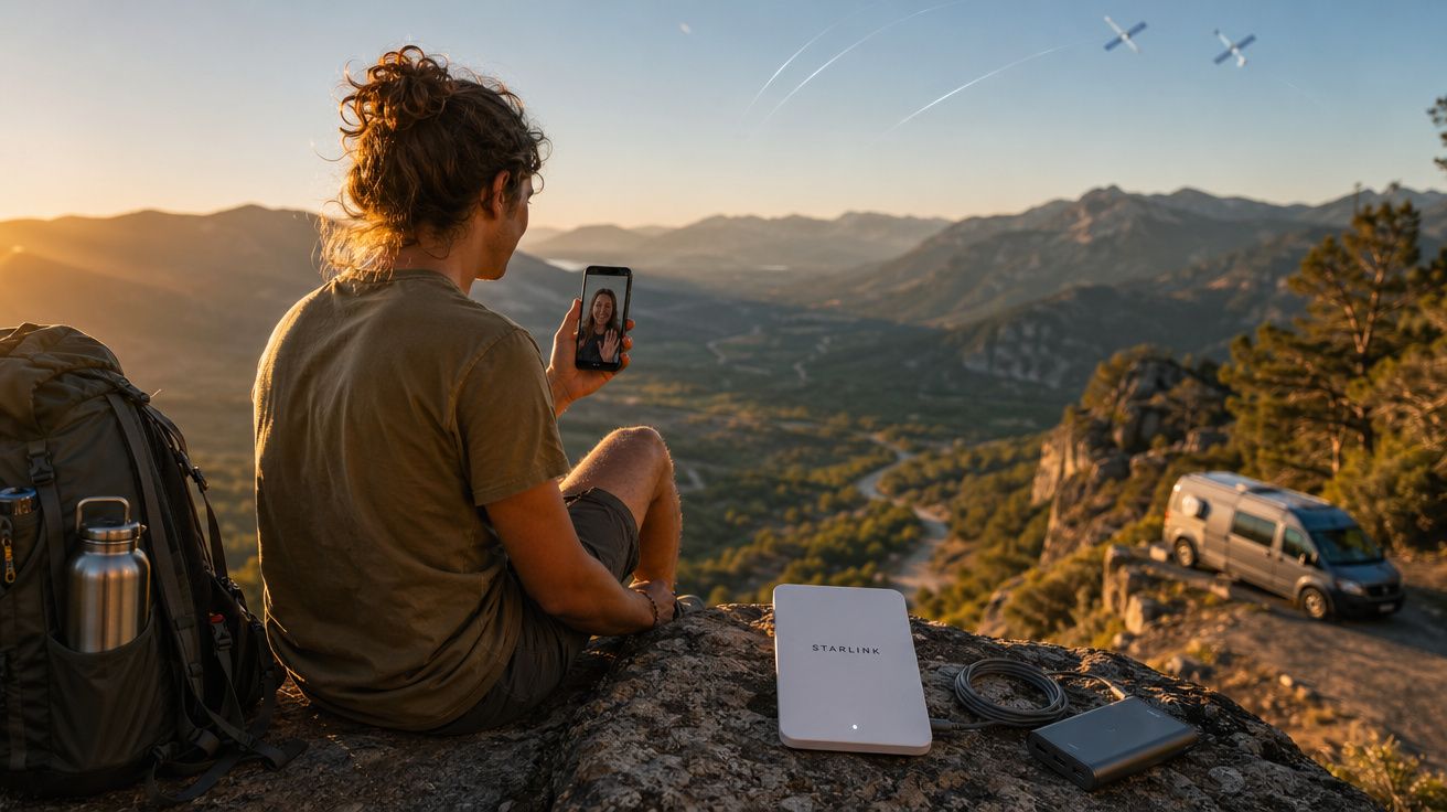 Pessoa sentada em pedra faz videochamada com paisagem montanhosa ao pôr do sol e equipamentos tecnológicos próximos.