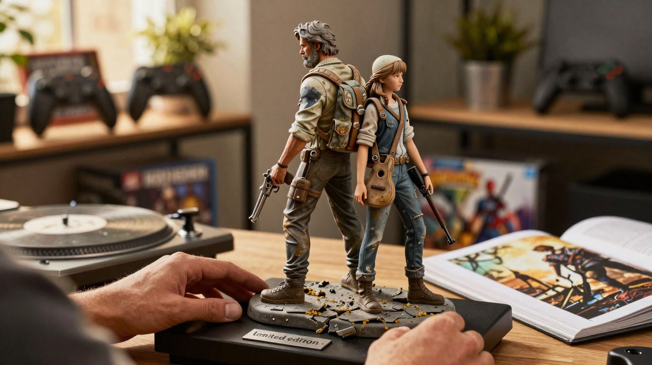 Estátuas detalhadas de personagens com roupas de sobrevivência em base limitada, com mãos ao redor.