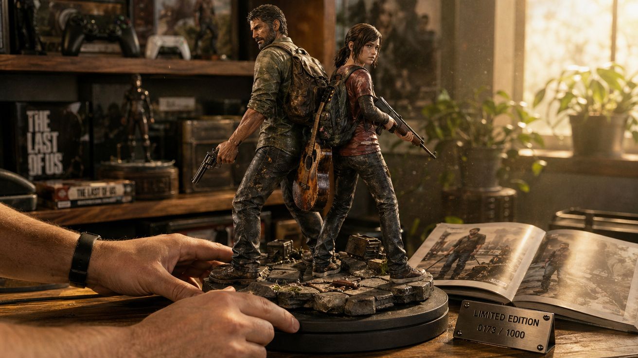 Estátuas colecionáveis dos personagens de The Last of Us, Joel e Ellie, em base detalhada.