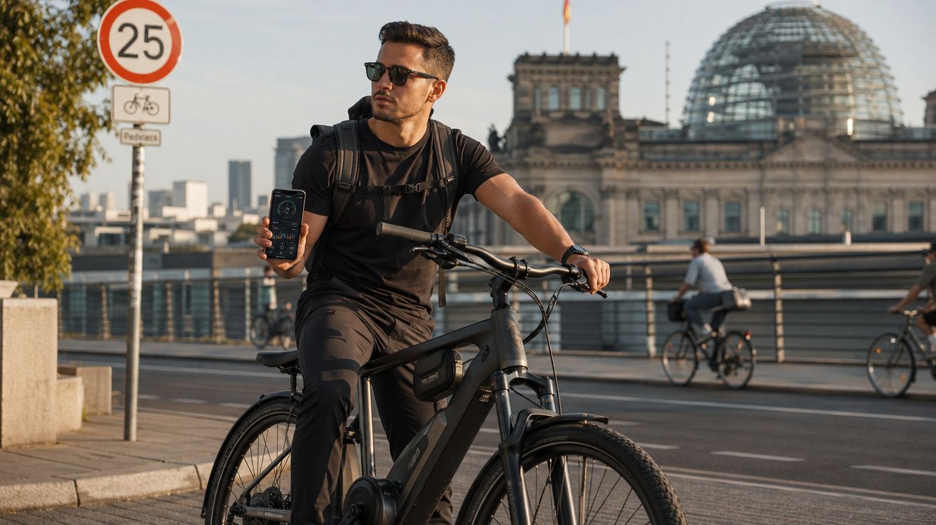 Homem de óculos escuros em bicicleta preta segura celular com edifício Reichstag ao fundo em dia ensolarado.