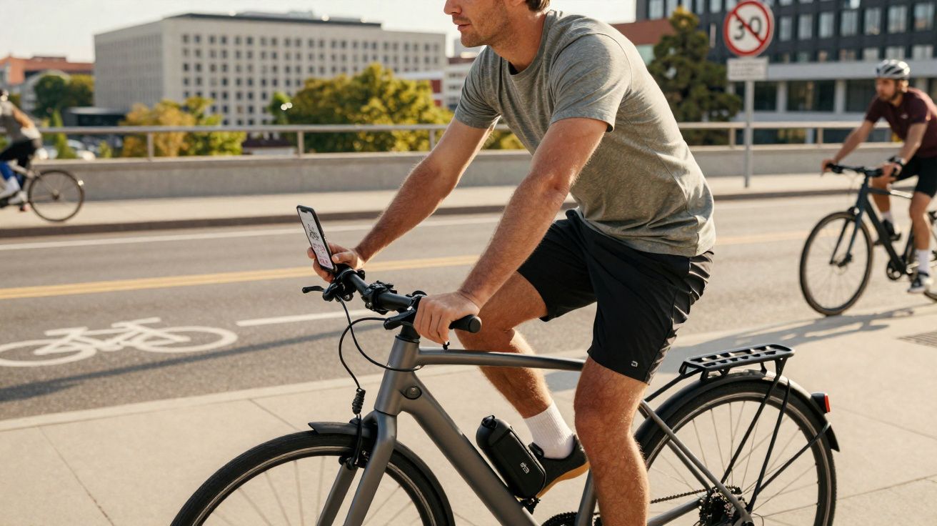 Homem pedalando bicicleta urbana com roupa esportiva em ciclovia na cidade usando celular.