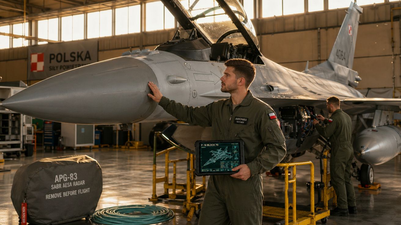 Técnicos da força aérea polonesa inspecionando e mantendo um caça F-16 em hangar iluminado pelo sol.