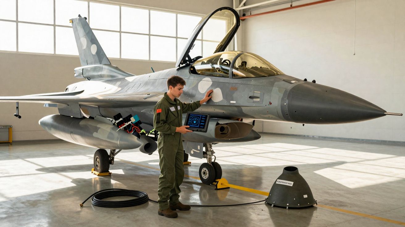 Técnico em uniforme verde inspeciona com tablet caça militar cinza em hangar iluminado.