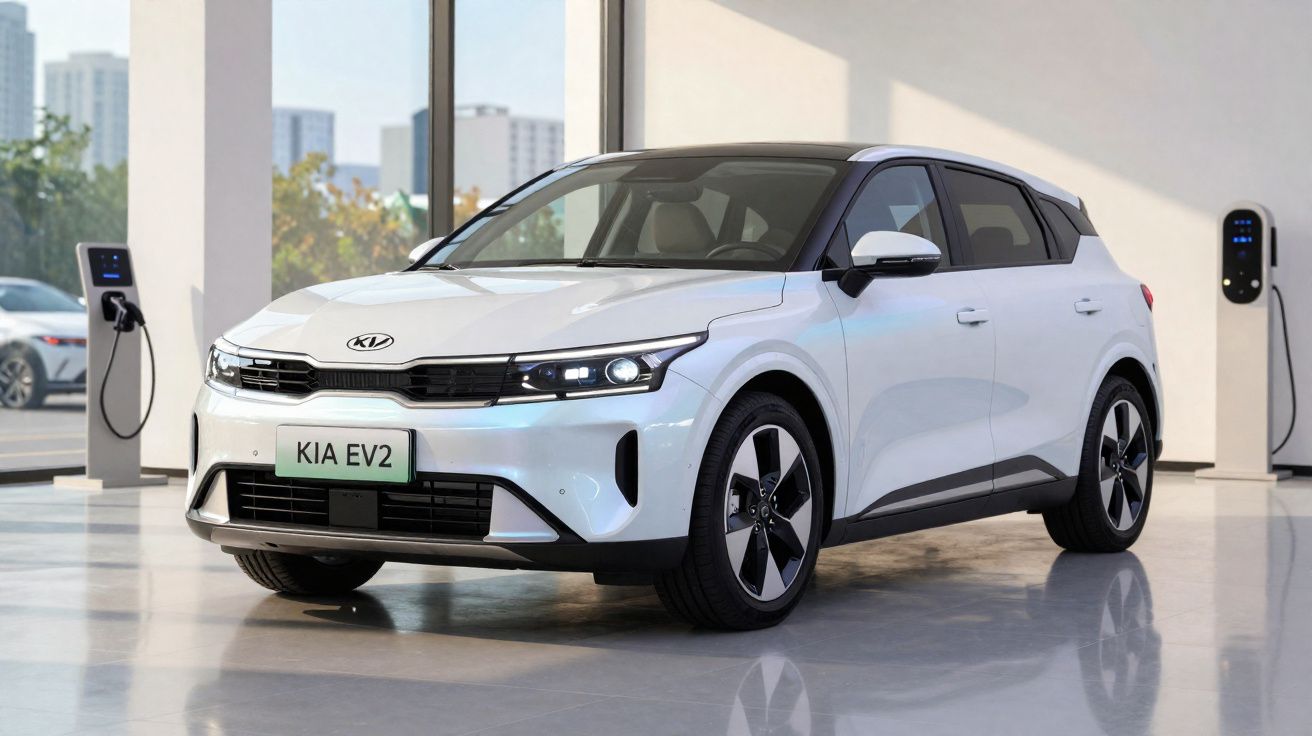 Carro elétrico branco Kia EV2 estacionado em showroom moderno com estações de recarga ao fundo.